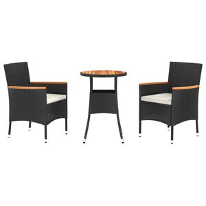 vidaXL Set bistro de grădină cu perne, 3 piese, negru, poliratan