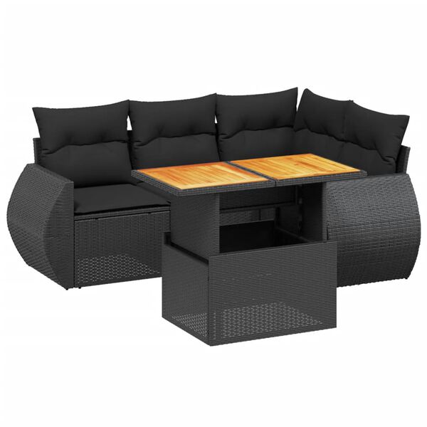 vidaXL Set mobilier de grădină cu perne, 5 piese, negru, poliratan