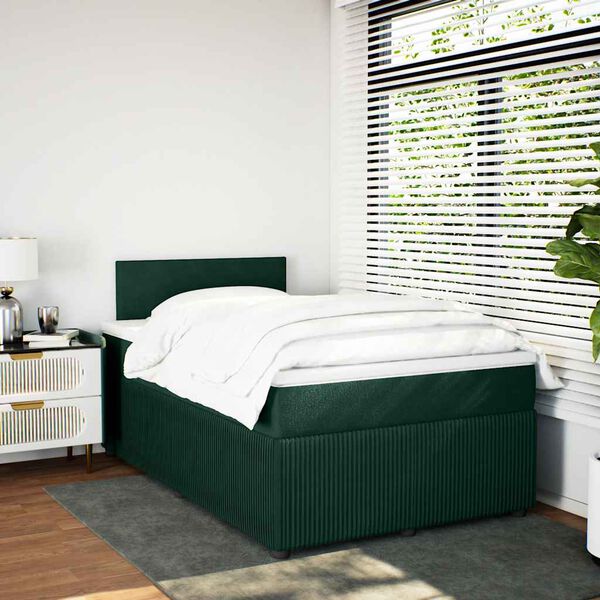 vidaXL Pat box spring cu saltea, verde &icirc;nchis, 120x200 cm, catifea
