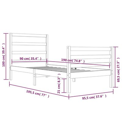 vidaXL Cadru de pat single, alb, 90x190 cm, lemn masiv de pin