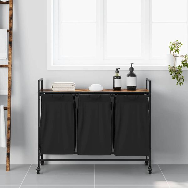 vidaXL Coș de rufe 3 compartimente cu roți stejar fumuriu