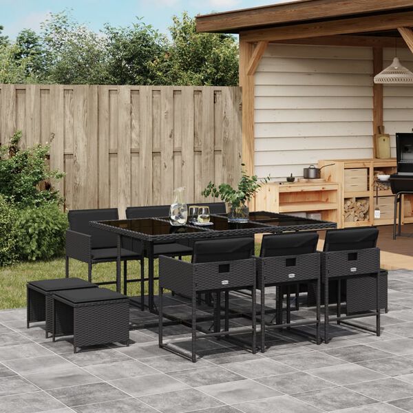 vidaXL Set mobilier de exterior cu perne, 11 piese, negru, poliratan