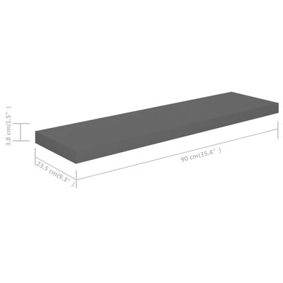 vidaXL Raft de perete suspendat, gri extralucios, 90x23,5x3,8 cm, MDF