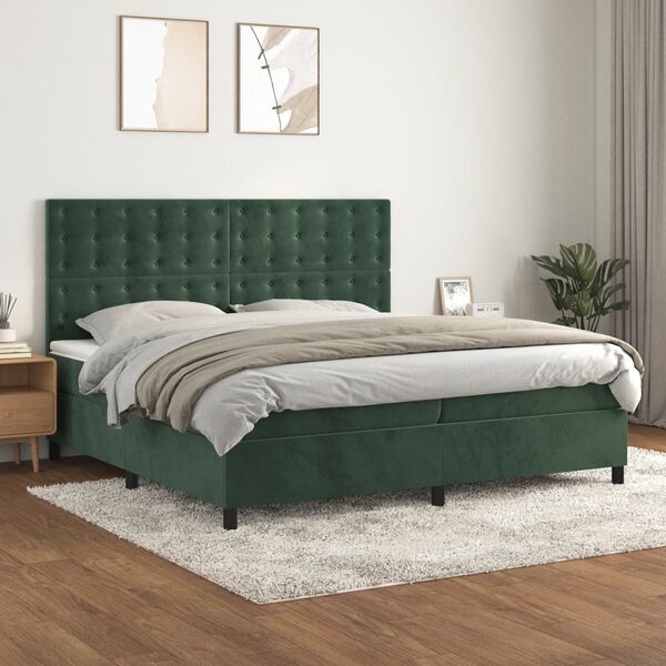 vidaXL Pat box spring cu saltea, verde &icirc;nchis, 200x200 cm, catifea