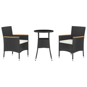 vidaXL Set bistro de grădină cu perne, 3 piese, negru, poliratan