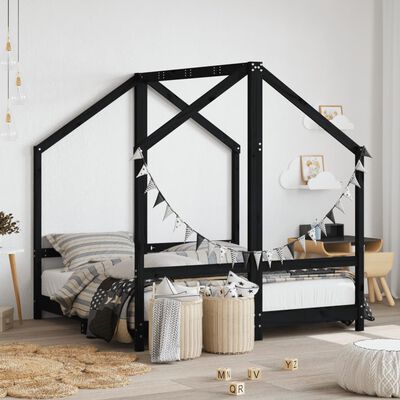 vidaXL Cadru de pat pentru copii, negru, 2x(70x140) cm, lemn masiv pin