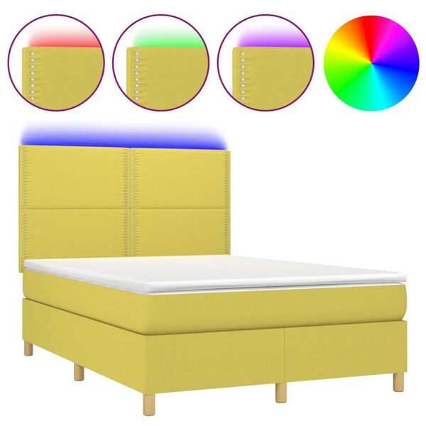 vidaXL Pat cu arcuri, saltea și LED, verde, 140x200 cm, textil