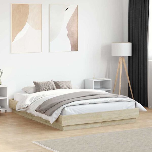 vidaXL Cadru de pat, stejar sonoma, 135x190 cm, lemn prelucrat