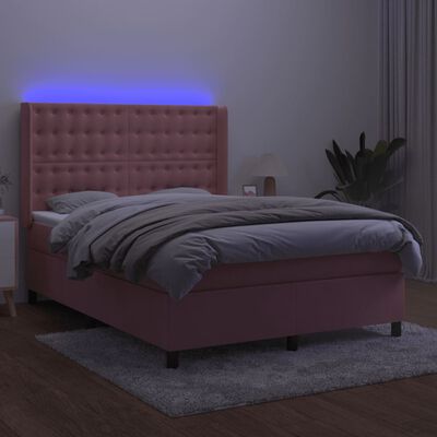 vidaXL Pat cu arcuri, cu saltea și LED, roz, 140x190 cm catifea