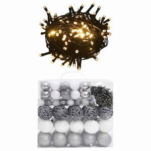vidaXL Set globuri Crăciun cu v&acirc;rf & 300 LED-uri 120 piese alb & gri