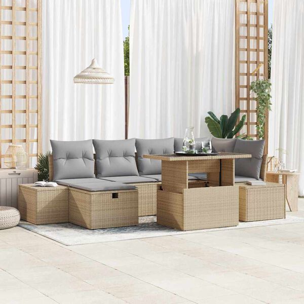 vidaXL Set de canapele pentru grădină cu pernă 7 pcs Bej Rattan poli