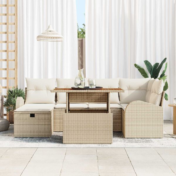 vidaXL Set de canapele pentru grădină cu pernă 7 pcs Bej Rattan poli