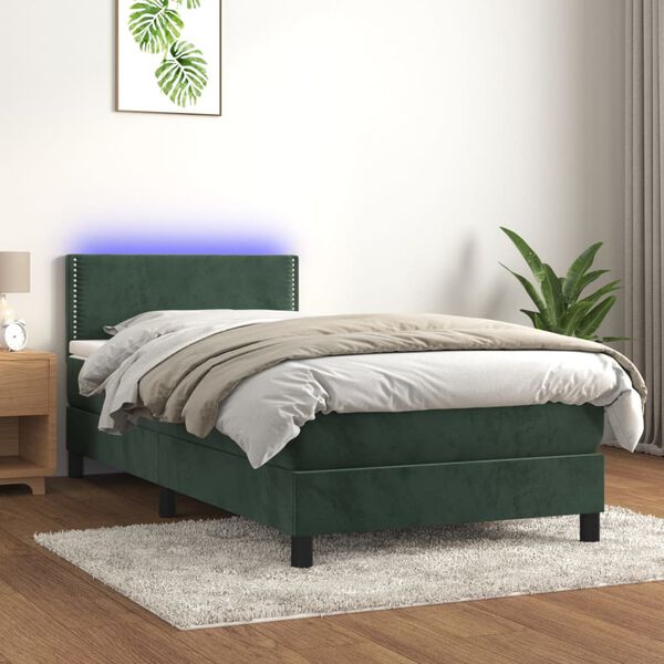 vidaXL Pat continental cu saltea și LED verde &icirc;nchis 80x200 cm catifea