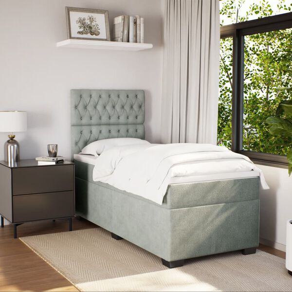 vidaXL Pat box spring cu saltea, gri deschis, 90x200 cm, catifea