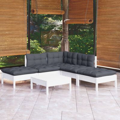 vidaXL Set mobilier de grădină cu perne, 6 piese, alb, lemn de pin