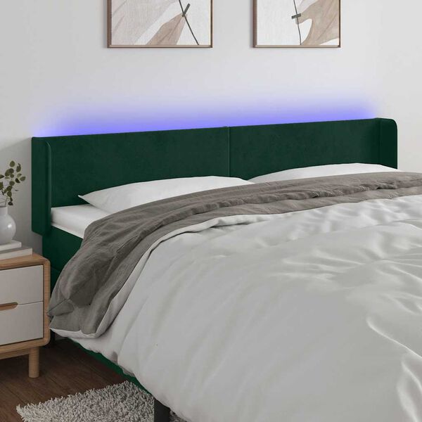 vidaXL Tăblie de pat cu LED, verde &icirc;nchis, 203x16x78/88 cm, catifea