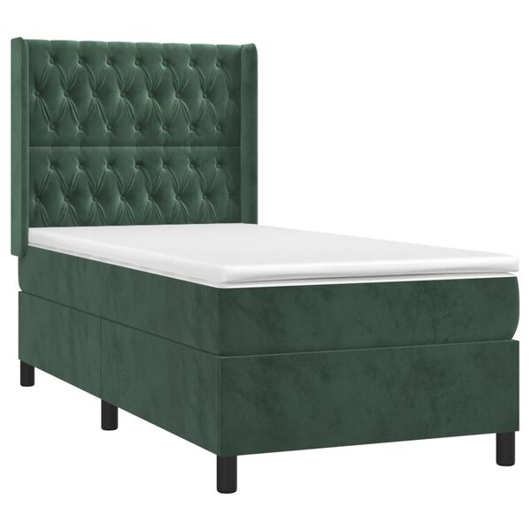 vidaXL Pat box spring cu saltea, verde &icirc;nchis, 90x200 cm, catifea