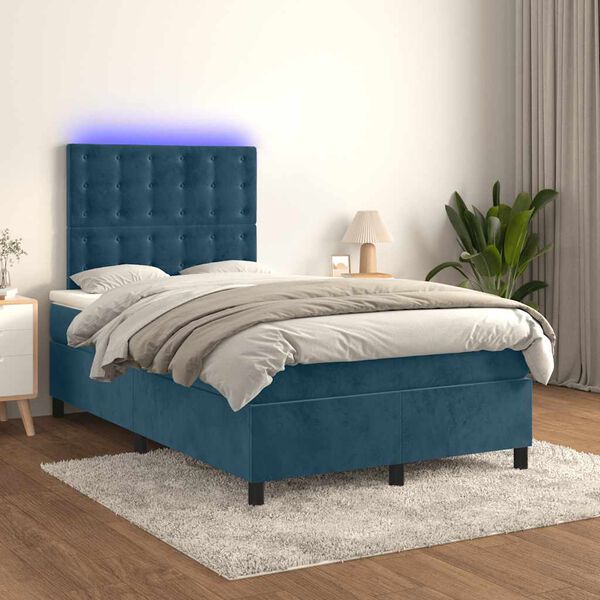 vidaXL Pat box spring cu saltea/LED albastru &icirc;nchis 120x190cm catifea