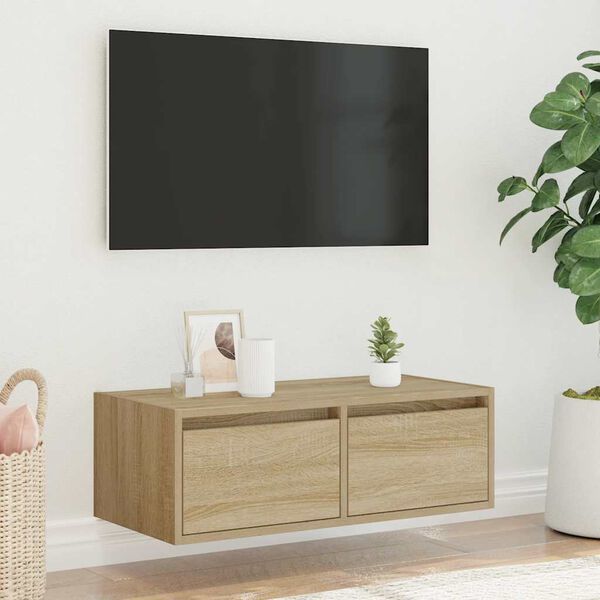 vidaXL Comodă TV cu lumini LED, stejar sonoma, 75x35,5x25 cm