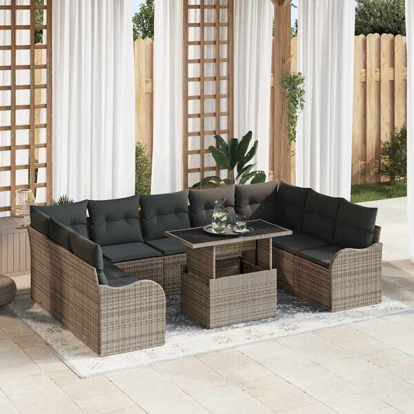 vidaXL Set de canapele pentru grădină cu pernă 10 pcs Gri Rattan poli
