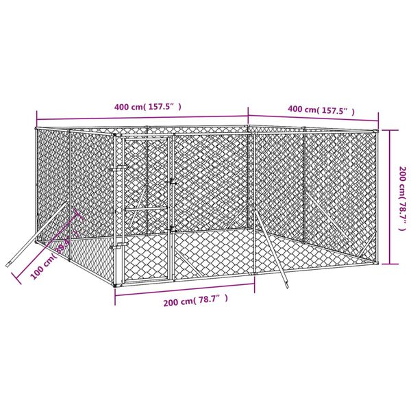 vidaXL Padoc de exterior pentru câini argintiu 4x4x2 m oțel galvanizat