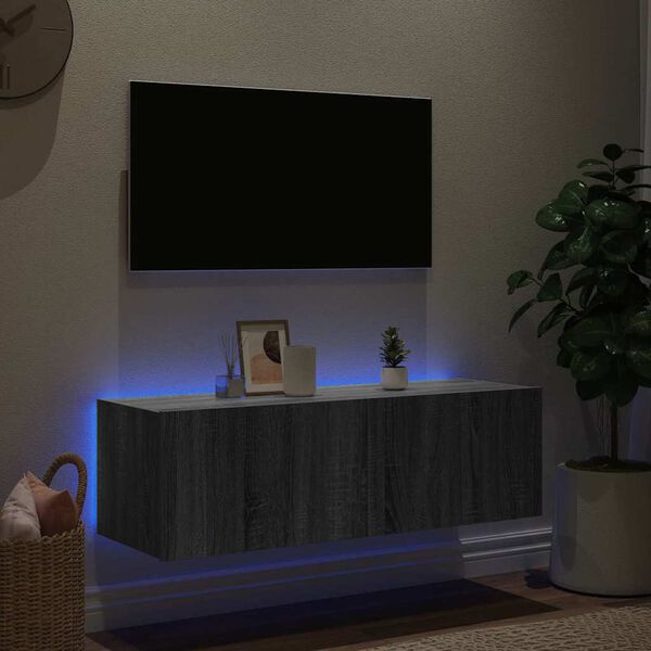 vidaXL Comodă TV de perete cu lumini LED, gri sonoma, 100x35x31 cm