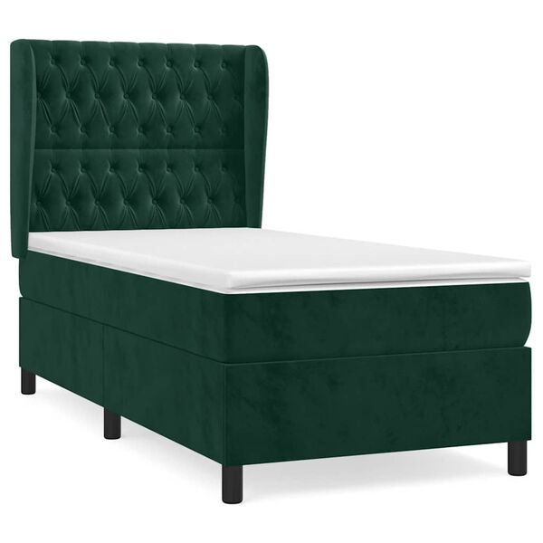 vidaXL Pat box spring cu saltea, verde &icirc;nchis, 100x200 cm, catifea