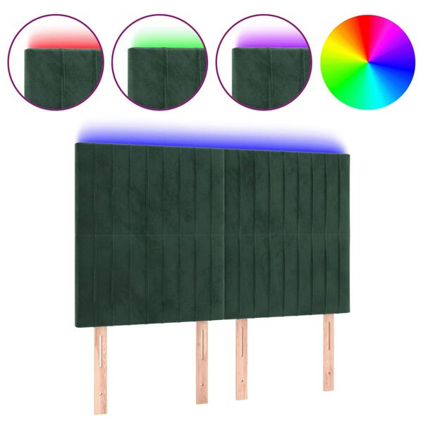 vidaXL Tăblie de pat cu LED, verde &icirc;nchis, 144x5x118/128 cm, catifea