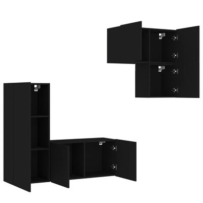 vidaXL Unități TV de perete, 4 piese, negru, lemn prelucrat