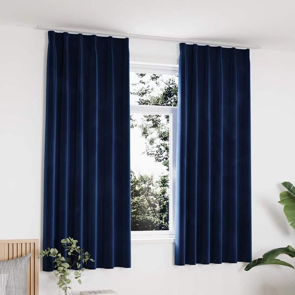 vidaXL Draperii opace cu c&acirc;rlige, 2 buc, albastru, 140x175 cm, catifea