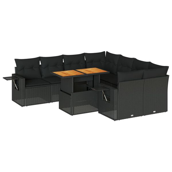 vidaXL Set mobilier de grădină cu perne, 9 piese, negru, poliratan