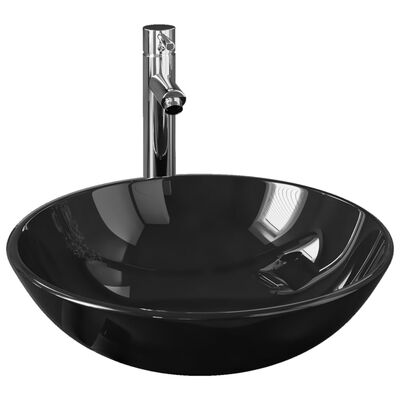 vidaXL Chiuvetă baie robinet și scurgere tip push, negru sticlă călită