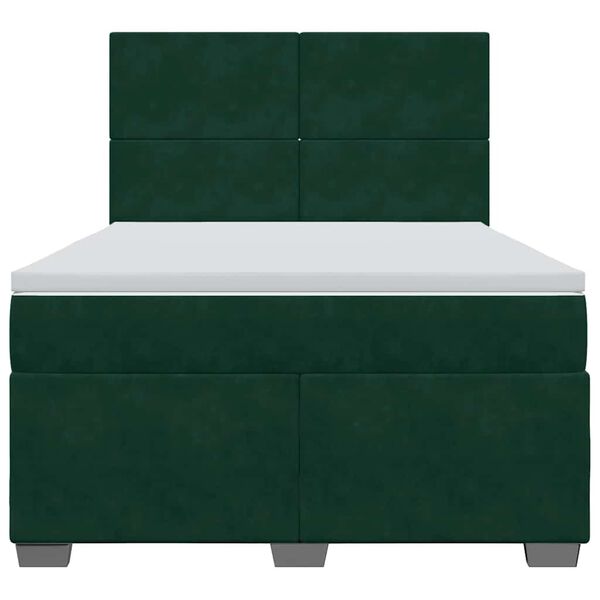 vidaXL Pat box spring cu saltea, verde &icirc;nchis, 140x200 cm, catifea