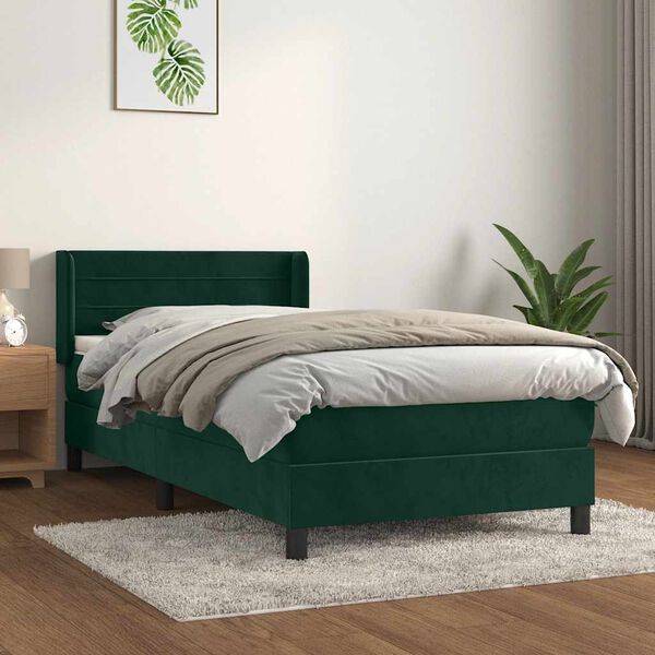 vidaXL Pat box spring cu saltea, verde &icirc;nchis, 90x200 cm, catifea