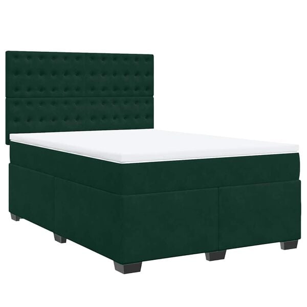 vidaXL Pat box spring cu saltea, verde &icirc;nchis, 140x200 cm, catifea