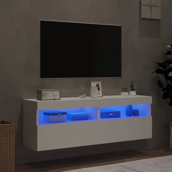 vidaXL Comode TV de perete cu lumini LED, 2 buc., alb, 60x30x40 cm