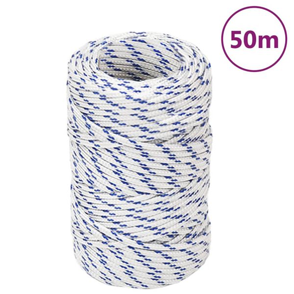 vidaXL Fr&acirc;nghie de barcă, alb, 2 mm, 50 m, polipropilenă