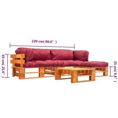 vidaXL Set mobilier grădină din paleți, cu perne roșii, 4 piese, lemn