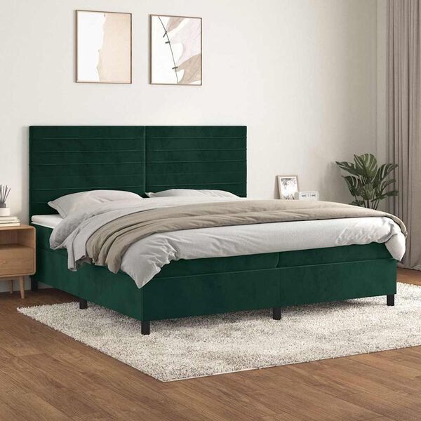 vidaXL Pat box spring cu saltea, verde &icirc;nchis, 200x200 cm, catifea