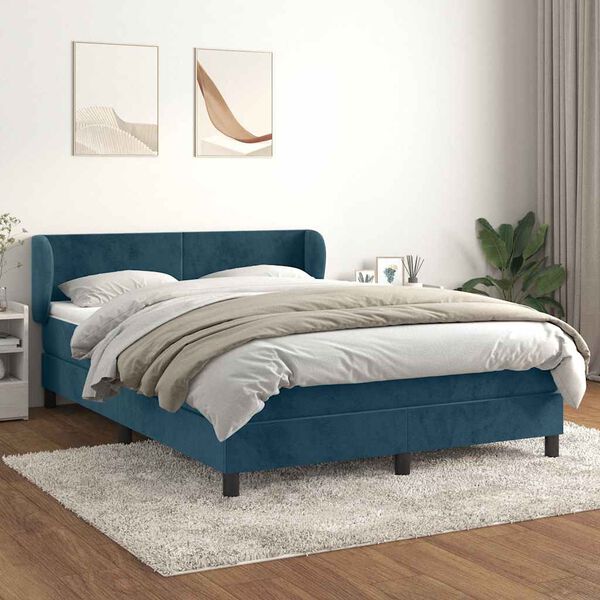 vidaXL Pat box spring cu saltea, albastru &icirc;nchis, 140x190 cm, catifea
