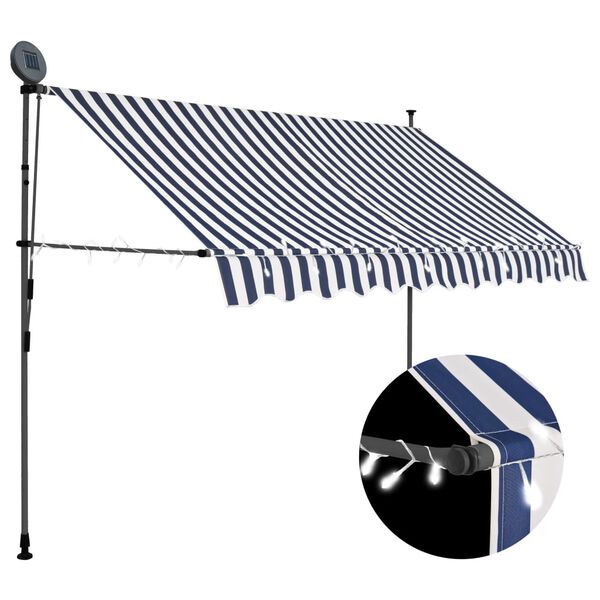 vidaXL Copertină retractabilă manual cu LED, albastru & alb, 250 cm