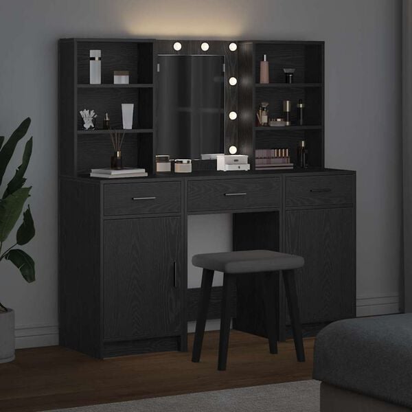 vidaXL Set masă de toaletă cu LED 3 pcs Stejar Negru Lemn compozit