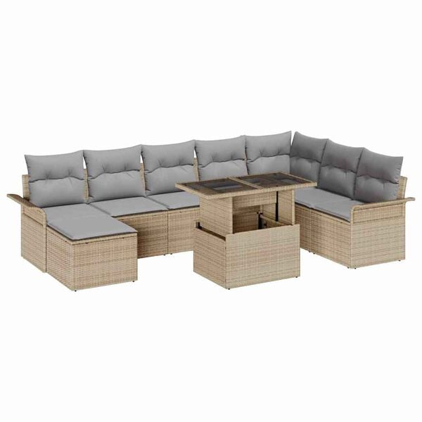vidaXL Set de canapele pentru grădină cu pernă 9 pcs Bej Rattan poli