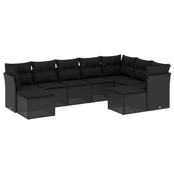 vidaXL Set mobilier de grădină cu perne, 9 piese, negru, poliratan