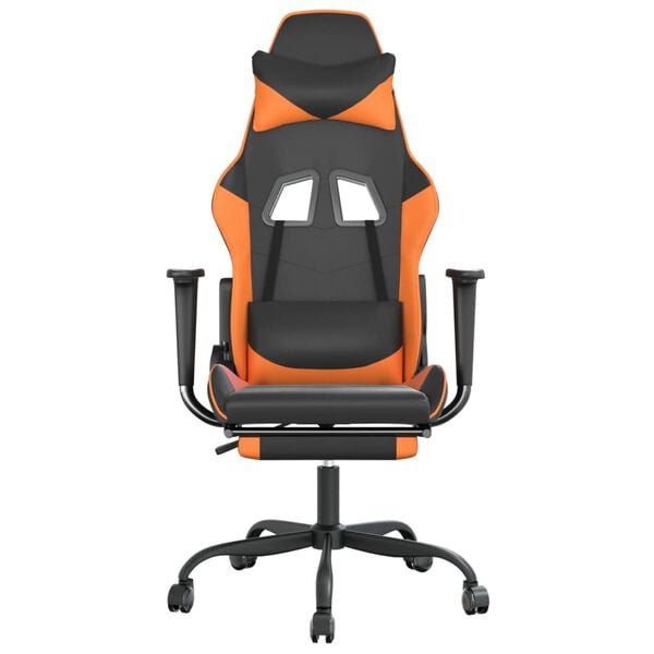vidaXL Scaun gaming masaj/suport picioare, negru/portocaliu, piele eco