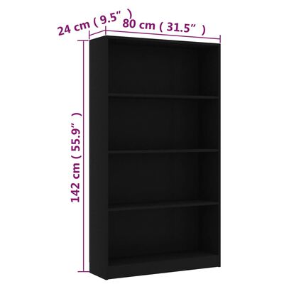 vidaXL Bibliotecă cu 4 rafturi, negru, 80x24x142 cm, PAL