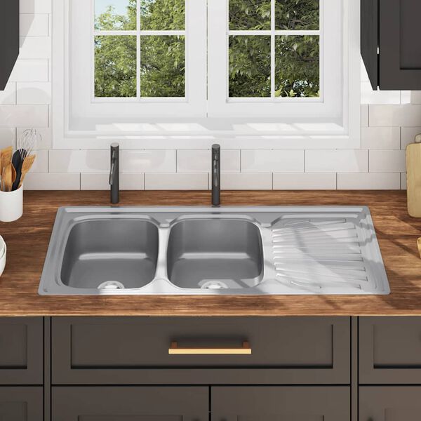 vidaXL Chiuvetă de bucătărie dublă cu sită și sifon, oțel inoxidabil