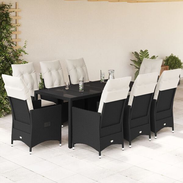 vidaXL Set mobilier de grădină cu perne, 9 piese, negru, poliratan