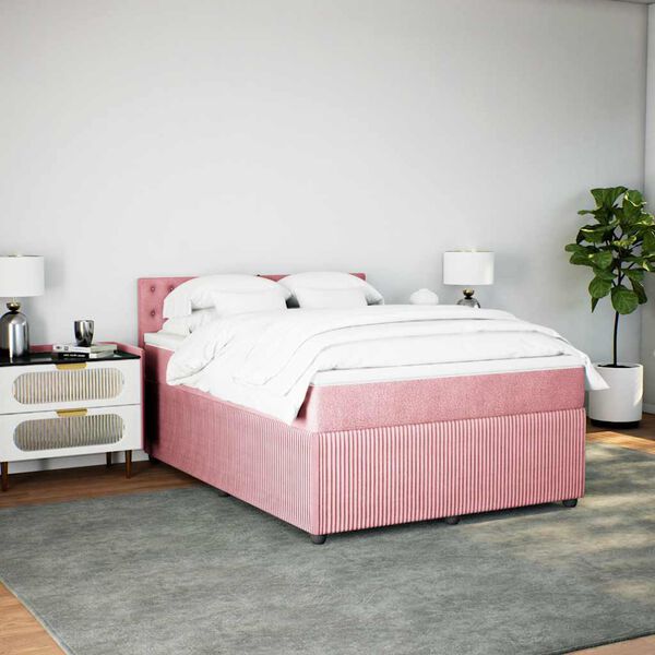 vidaXL Pat box spring cu saltea, roz, 140x200 cm, catifea