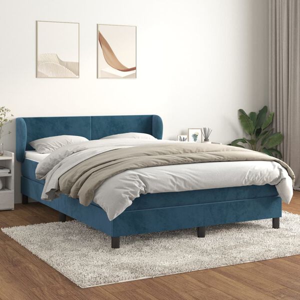 vidaXL Pat box spring cu saltea, albastru &icirc;nchis, 140x200 cm, catifea